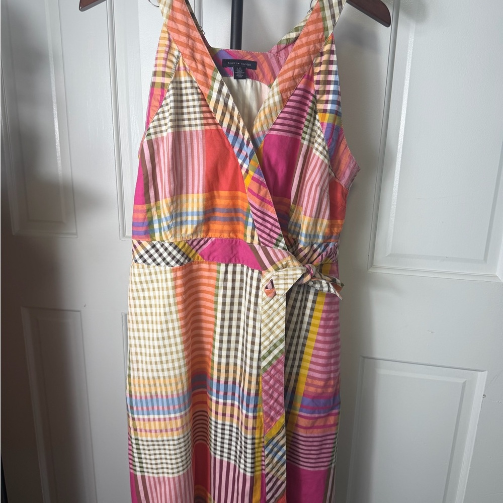 Multicolor Plaid Madras Wrap Sundress - Pink & Orange Size Large Pockets - Picture 2 of 12